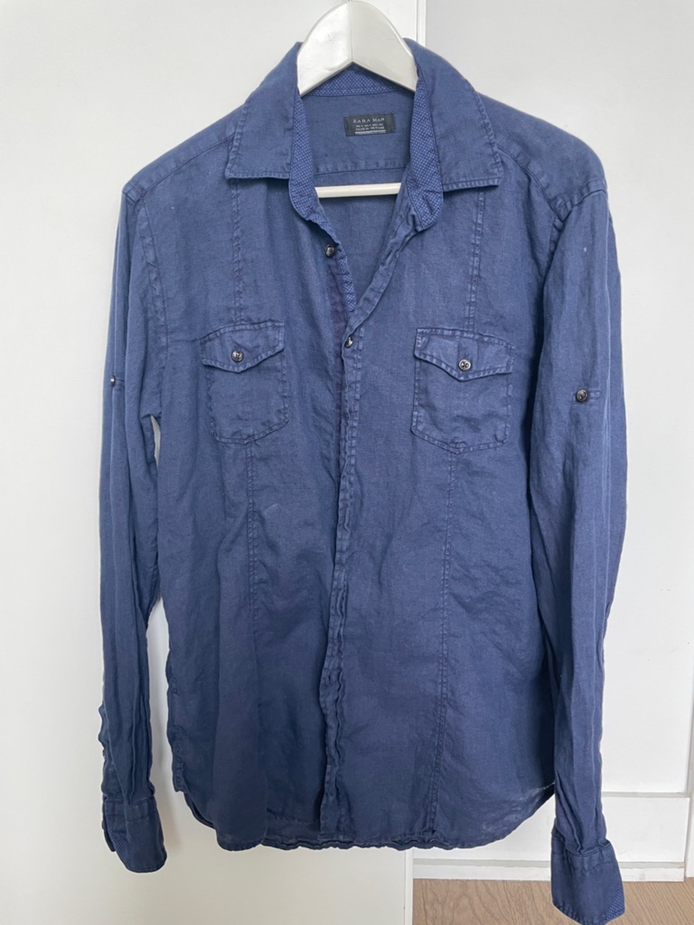 Zara Men's Blue linen Casual Button-Down Shirt